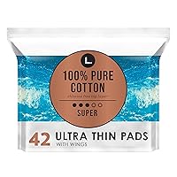 L. Ultra Thin Unscented Pads with Wings, Super Absorbency, 42 Ct, 100% Pure Cotton Chlorine Free Top Layer (Packaging May Vary)