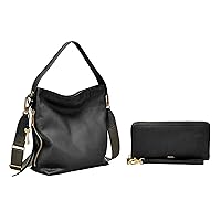 Fossil Women's Maya Leather Small Hobo Handbag, Black with Women's Logan Faux Leather RFID Zip Around Clutch Wallet, Black