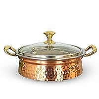 Indian Art Villa Hammered Design Steel Copper Handi/Casserole Bowl With Induction Bottom & Brass Knob and Handle, Serveware, Tableware, Volume- 17 Oz