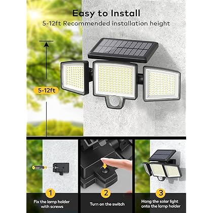 Atronor Solar Wall Security Flood Lights, 265 LED 2800LM with Motion Senor, Outdoor, Remote Control, 3 Lighting Modes, 3 Heads, 270° Wide, IP65 Waterproof, 2 Packs