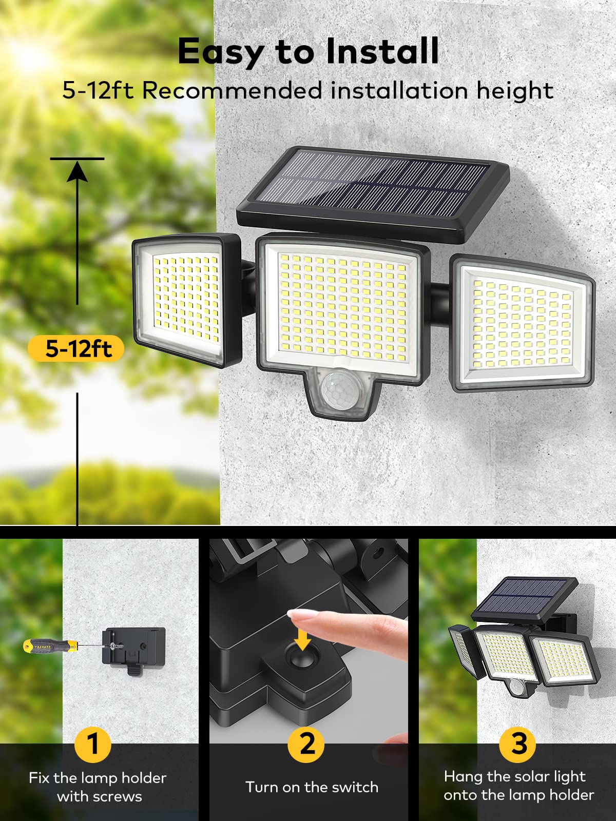 Atronor Solar Outdoor Lights, 265 LED 2800LM Security Flood Lights with Motion Senor, Remote Control, 3 Lighting Modes, 3 Heads Outside Lights, 270° Wide Lighting, IP65 Waterproof Wall Light, 2 Packs