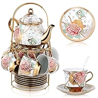20 Pcs Porcelain Tea Set with Metal Holder Adult Ceramic Tea Party Set European Flower Tea Cup Saucer Set for Adult Women Girls with Flower Painting, Large Version (Bright Style)