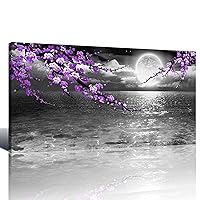 Large Purple Wall Art Decor for Living Room Bedroom Framed Black and White Seascape Full Moon Purple Flower Painting Canvas Picture Modern Hand-Painted Plum Blossom Artwork for Home Office 20x40