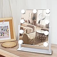 Hollywood Vanity Mirror with Lights, 9 Dimmable LED Bulbs Lighted Makeup Mirror with Detachable 10X Magnification Mirror, 1200mAh Rechargeable, 3 Color Lights, Touch Control