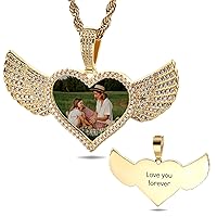 Custom Hip Hop Memory Picture Round/Heart Pendant Necklace for Men Women Personalized Photo Angel Wing Necklace with Engraved Text Iced Out Silver/Gold Pendant Necklace with 18-30 Inches Chain