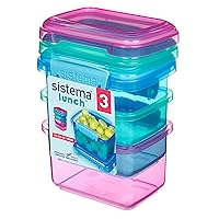 Sistema 3-Piece Food Storage Containers with Lids for Lunch, Meal Prep, and Leftovers, Dishwasher Safe, 1.6-Cup, Blue/Green/Pink