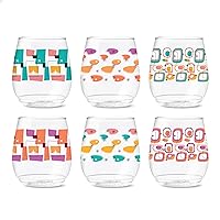TOSSWARE POP 14oz Vino Mid-Century Retro Series, SET OF 6, Premium Quality, Recyclable, Unbreakable & Crystal Clear Plastic Printed Glasses
