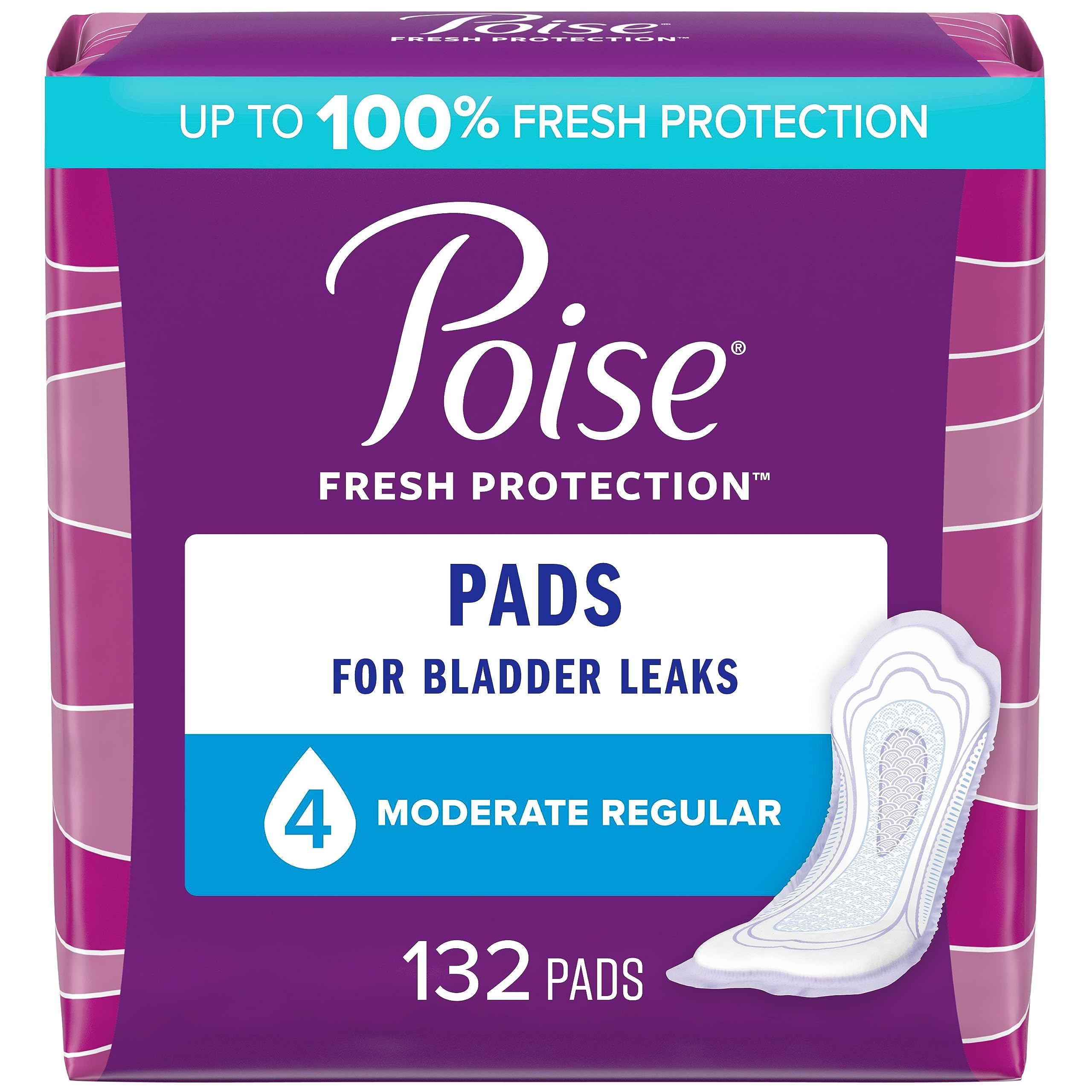 Poise Incontinence Pads & Postpartum Incontinence Pads, 4 Drop Moderate Absorbency, Regular Length, 132 Count