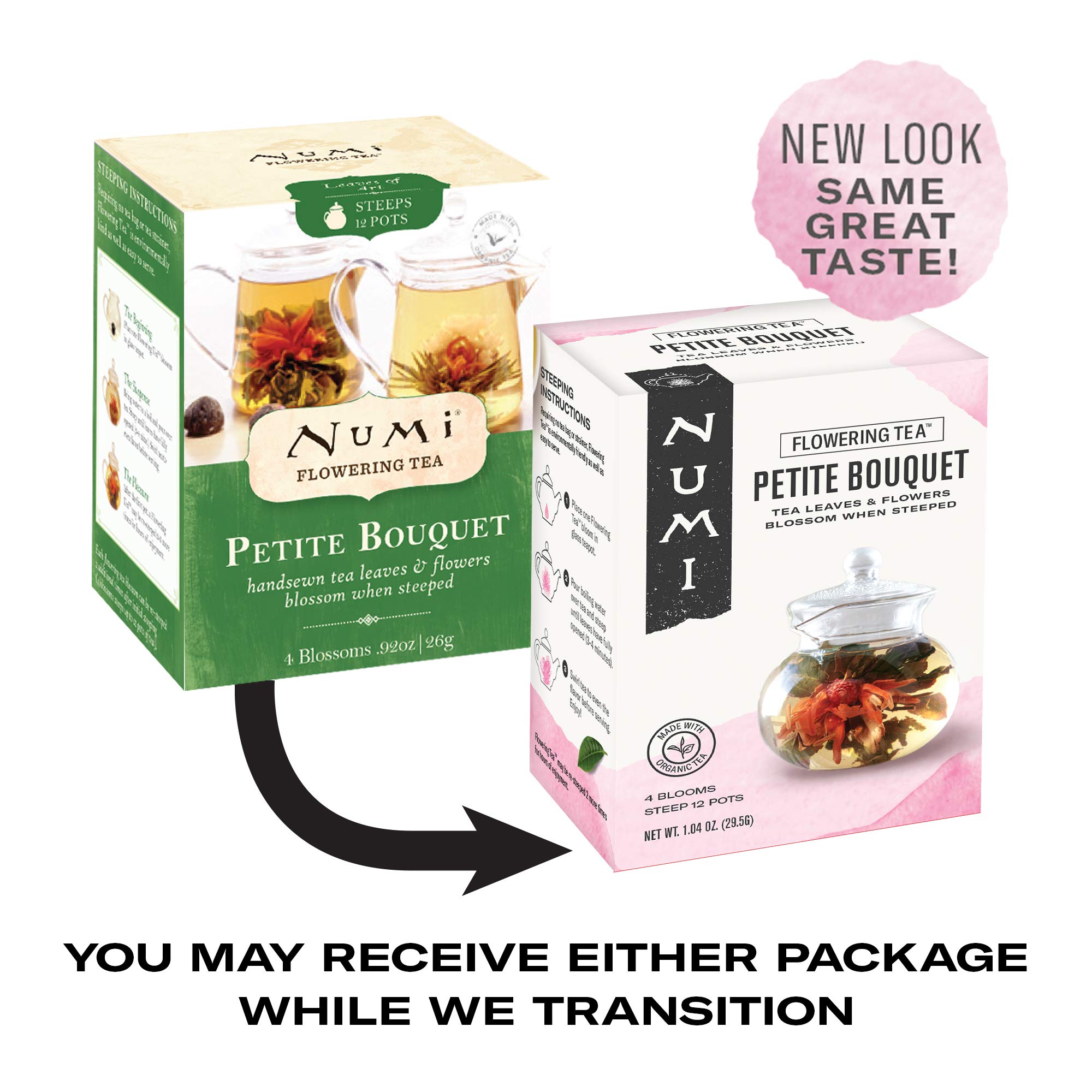 Numi Organic Tea, Tea Petite Bouquet, Flowering Tea Blossom Variety Pack, 4 Count Box