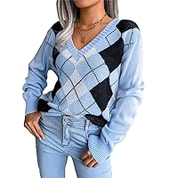 Women's Diamond Plaid Leisure Pullover Sweater Plaid Loose Casual Retro Plaid Knitted Sweater Crewneck Comfort Knit