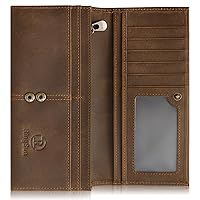 Ringsun Full Grain Leather Long Wallet for Men with Zipper RFID Blocking Bifold Wallet with ID Window 9 Card Slots