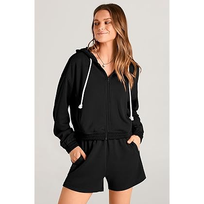 PRETTYGARDEN Womens 2024 Fall 2 Piece Tracksuit Outfits Waffle Knit Long Sleeve Zip Up Hoodie And Shorts Set Y2K Sweatsuit (Black,X-Large)