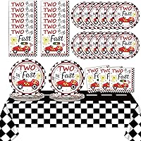 Two Fast Birthday Party Supplies Serves 24 Race Car 2nd Party Paper Plates Napkins Set Racing Car Tablecloth Tableware Kit for Two Years Old Party Baby Shower Decorations Favors for Boys, Serve 24