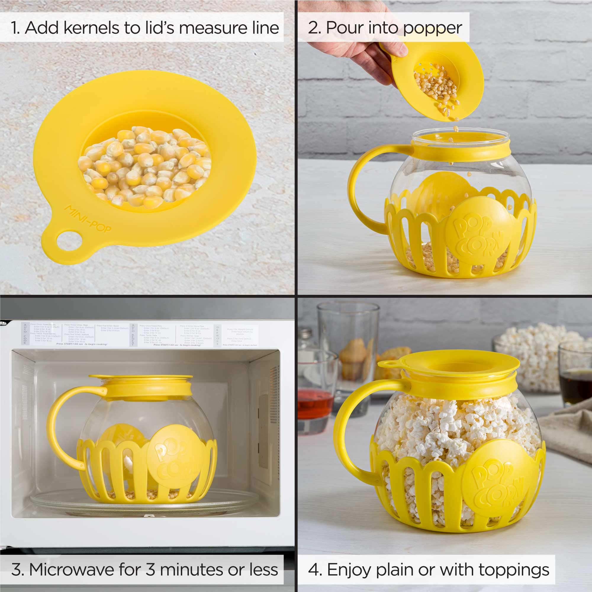 Ecolution Patented Micro-Pop Microwave Popcorn Popper with Temperature Safe Glass, 3-in-1 Lid Measures Kernels and Melts Butter, Made Without BPA, Dishwasher Safe, 3-Quart, Yellow
