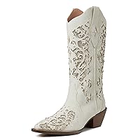 Tscoyuki Women's Rhinestones Western Knee High Boots, Embroidery Pointed Toe Chunky Block Heel Cowboy Cowgirl Mid Calf Boots with Pull On Taps