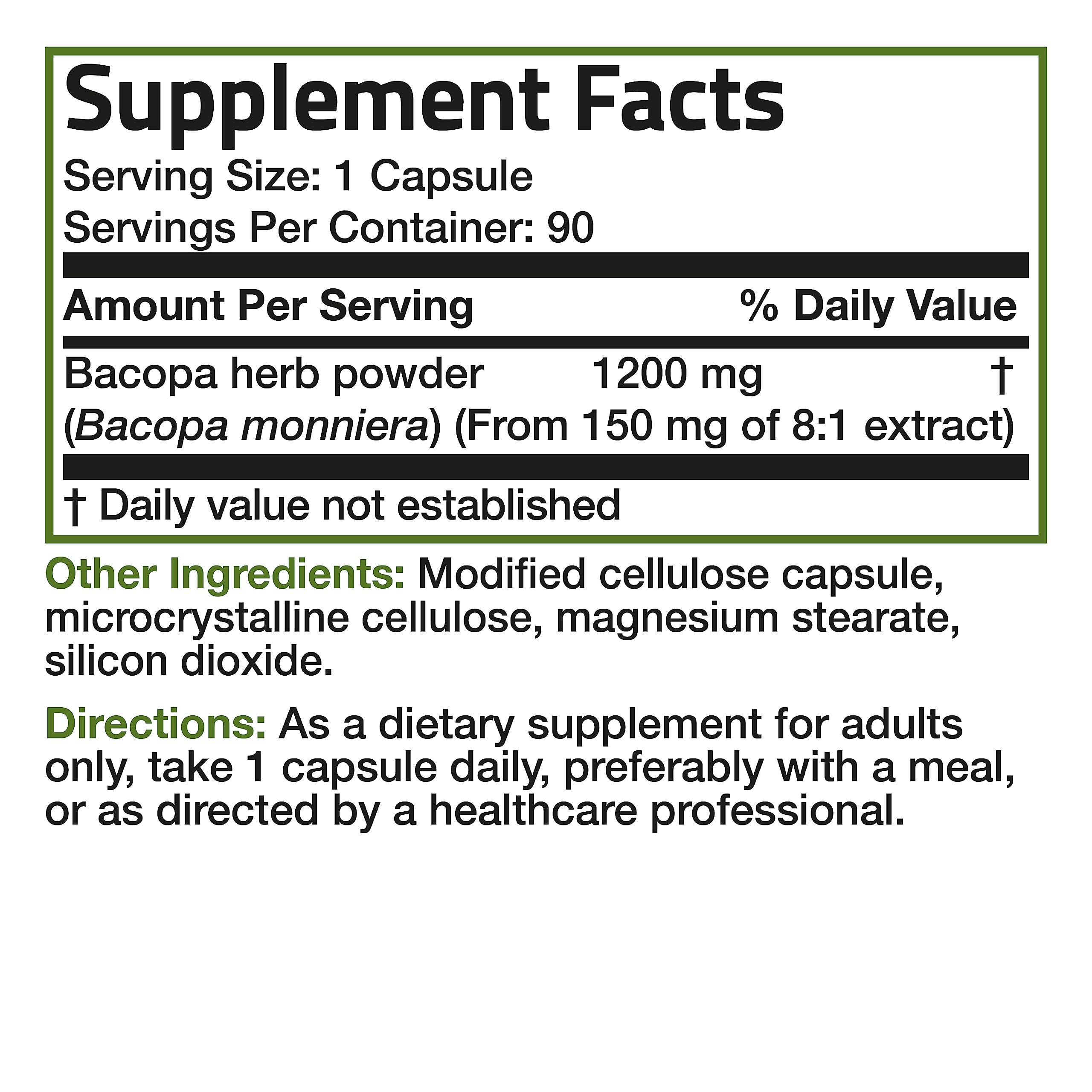 Bronson Bacopa 1200 MG Supports Healthy Brain Function and Mental Performance, Traditional Herb, Non-GMO, 90 Vegetarian Capsules