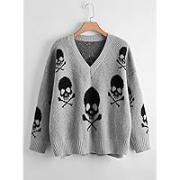 Women's Sweaters Plus Skull Pattern Drop Shoulder Sweater Women for Sweaters (Color : Gray, Size : XX-Large)