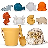 11Pcs Silicone Beach Toys,Modern Baby Beach Toys,Travel Friendly Beach Set,Eco Friendly Toy,Silicone Bucket, Shovel, 8 Sand Molds, Beach Bag,Silicone Sand Toys for Toddlers, Kids (Yellow)
