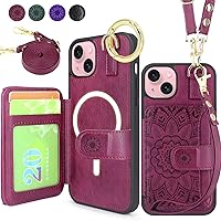 Harryshell Crossbody Magnetic Wallet Case for iPhone 15 / iPhone 14 / iPhone 13 Compatible with MagSafe Wireless Charging Protective Phone Cover Card Slots Holder Kickstand Lanyard (Floral Wine Red)