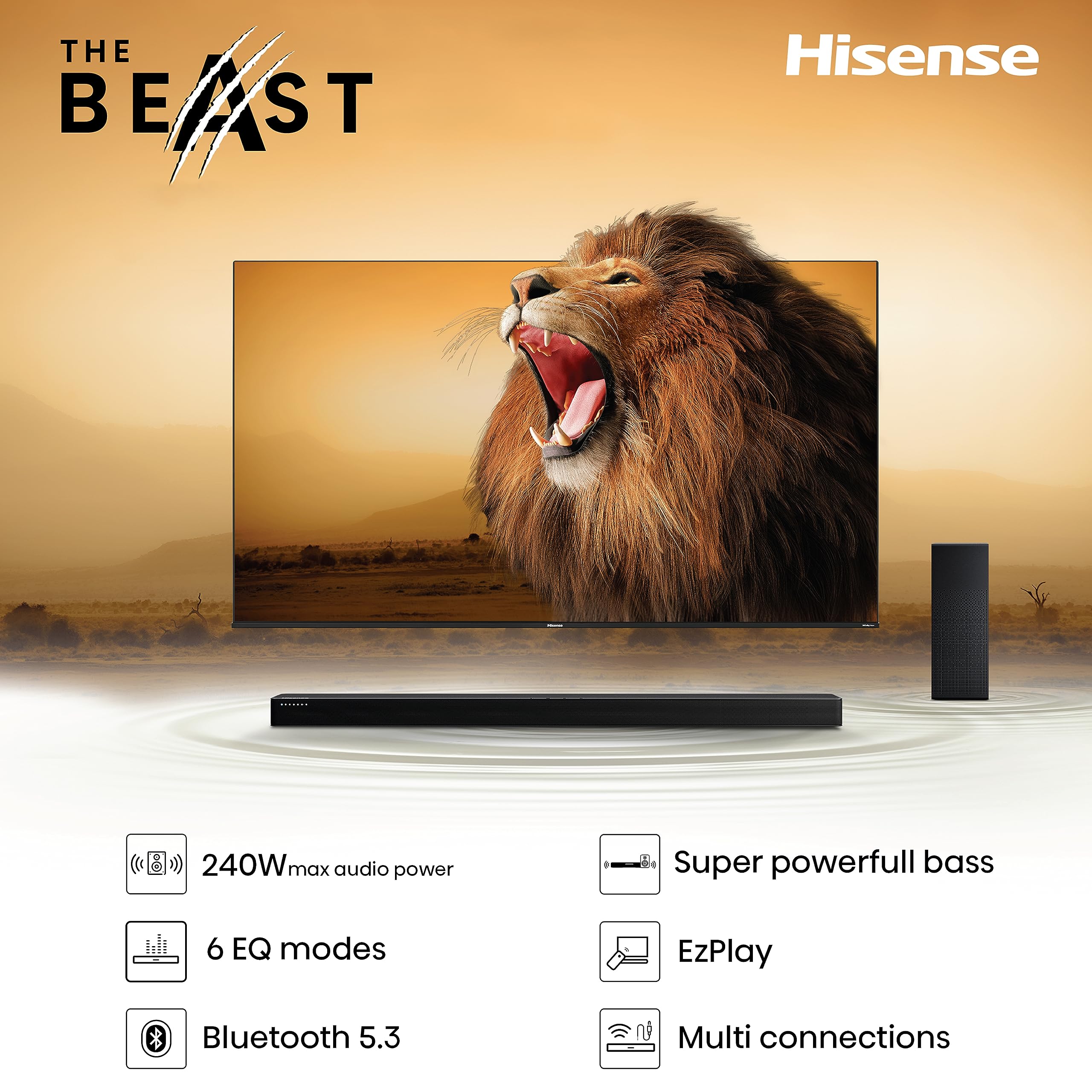 Hisense HS2100 2.1 Ch 240W Soundbar with Wireless Subwoofer - DTS Virtual X, Ezplay, 6 EQ Modes, HDMI ARC, Bluetooth (2023 Model)