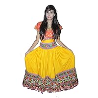Indian 100% Cotton Long Skirt Hippie Women Embroided Mirror Work Solid Yellow Color Plus Size