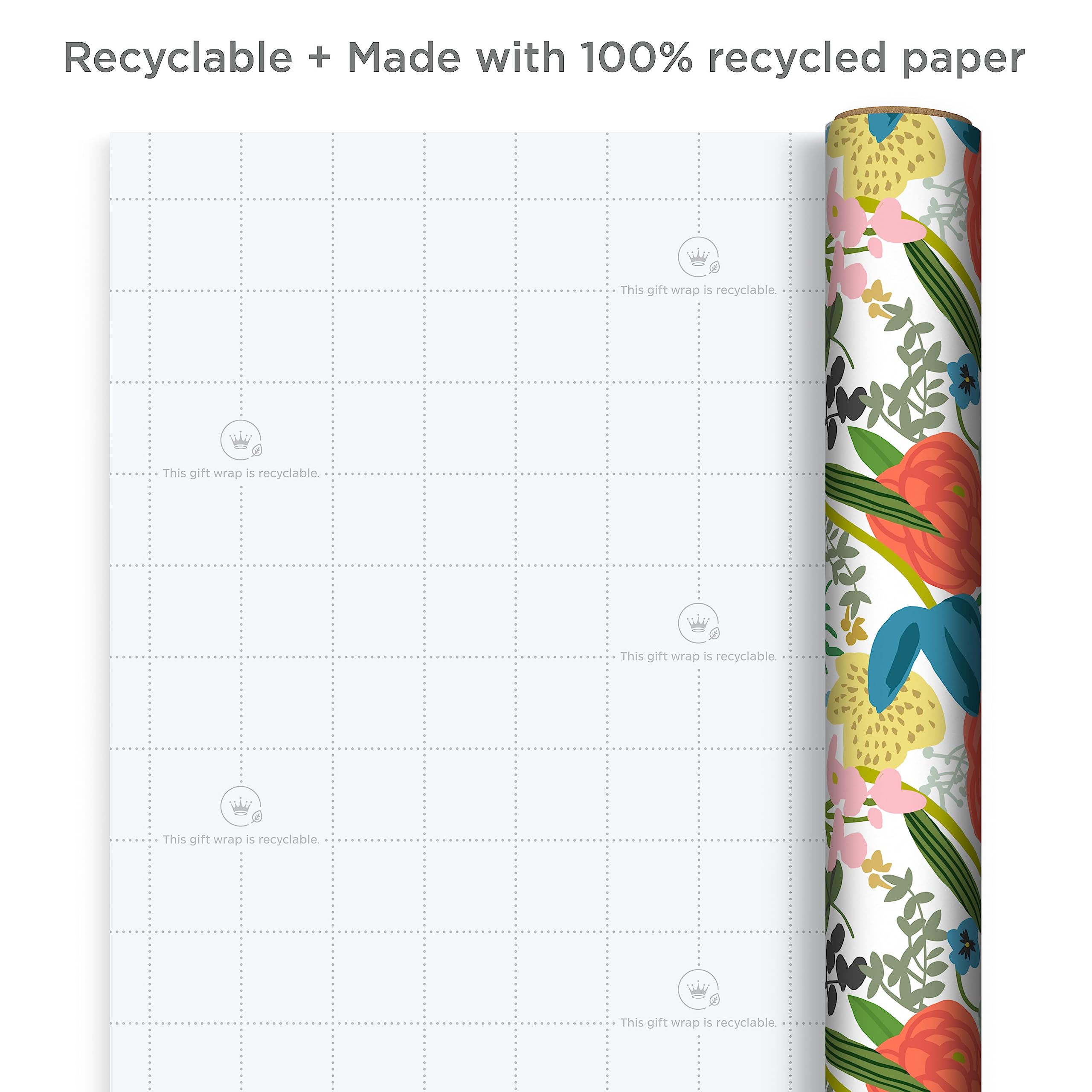 Hallmark Recycled Wrapping Paper with Cutlines on Reverse (3 Rolls: 60 Sq. Ft. Ttl) Modern Flowers, Teal Leaves, Black and White Abstract for Birthdays, Bridal Showers, Easter, Mother's Day