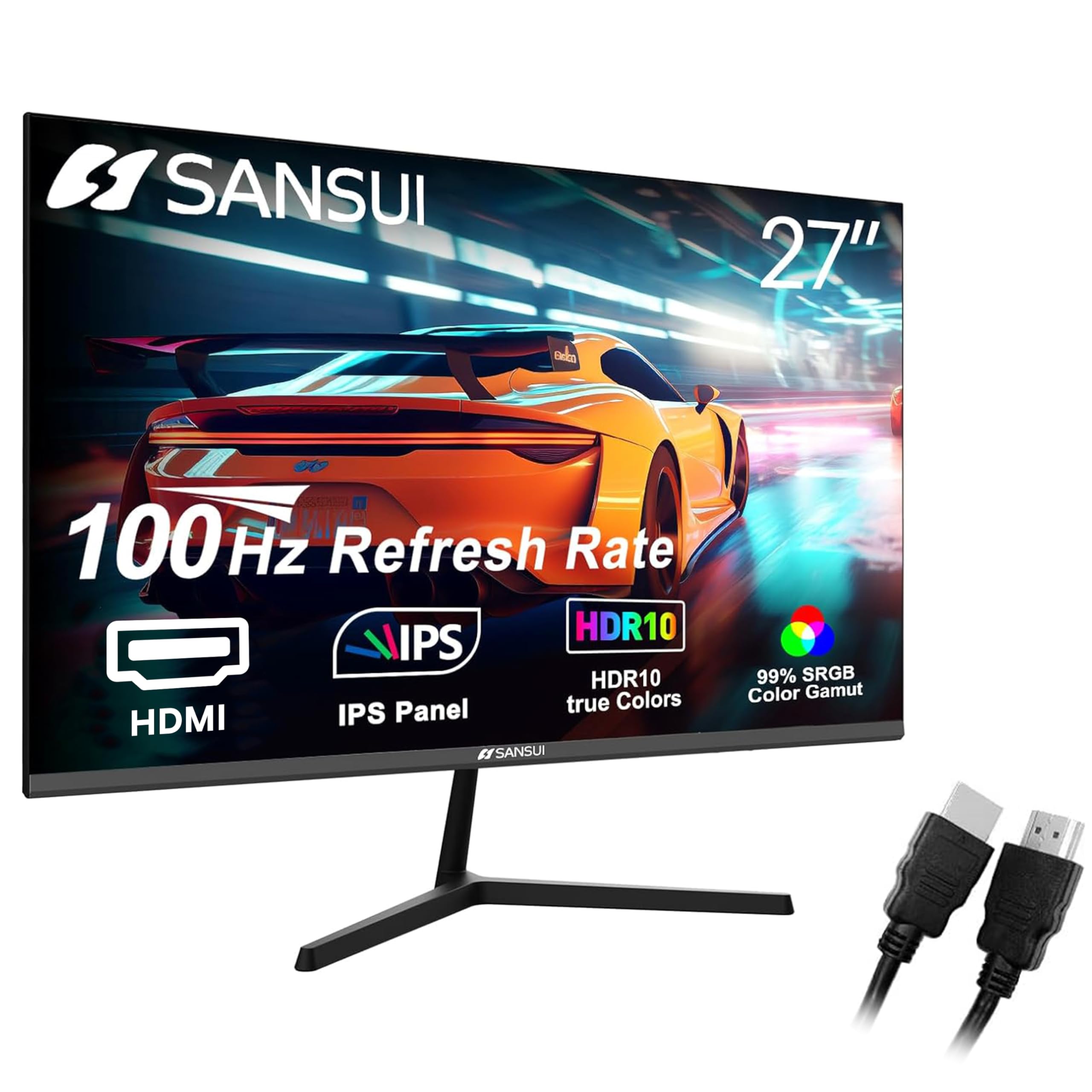 SANSUI Computer Monitors 27 inch 100Hz IPS FHD 1080P HDR10 Built-in Speakers HDMI VGA Ports Game RTS/FPS tilt Adjustable for Working and Gaming (ES-27X3L HDMI Cable Included)