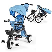 Baby Tricycle, 7-in-1 Folding Kids Trike with Adjustable Parent Handle, Safety Harness & Wheel Brakes, Removable Canopy, Storage, Stroller Bike Gift for Toddlers 18 Months - 5 Years(Blue)