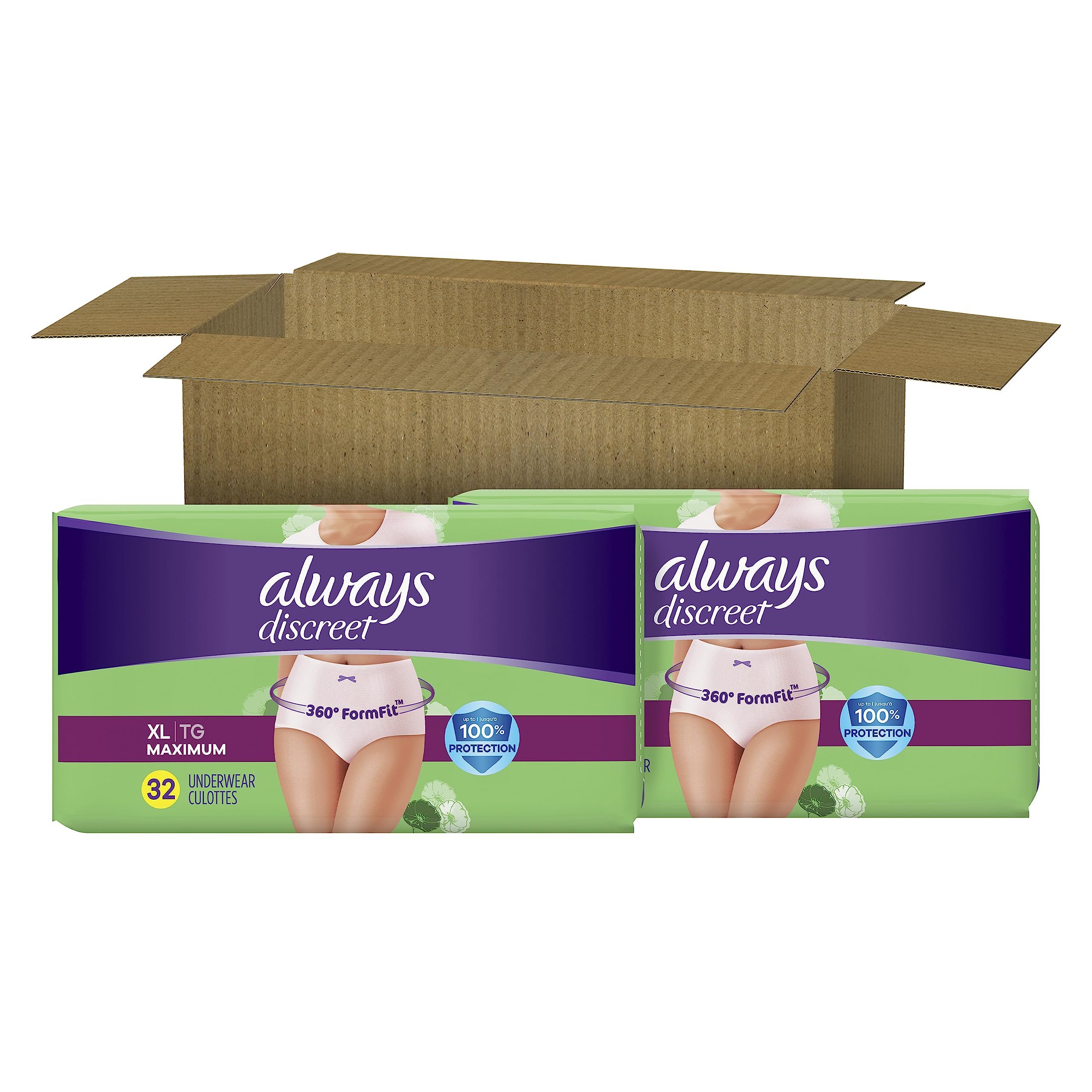 Always Discreet Adult Incontinence Underwear for Women and Postpartum Underwear, XL, 64 CT, up to 100% Bladder Leak Protection