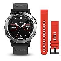 Garmin Fenix 5 Multisport Watch with HR and GPS, 47 mm, Silver Pack of 2 Straps (Black and Red)