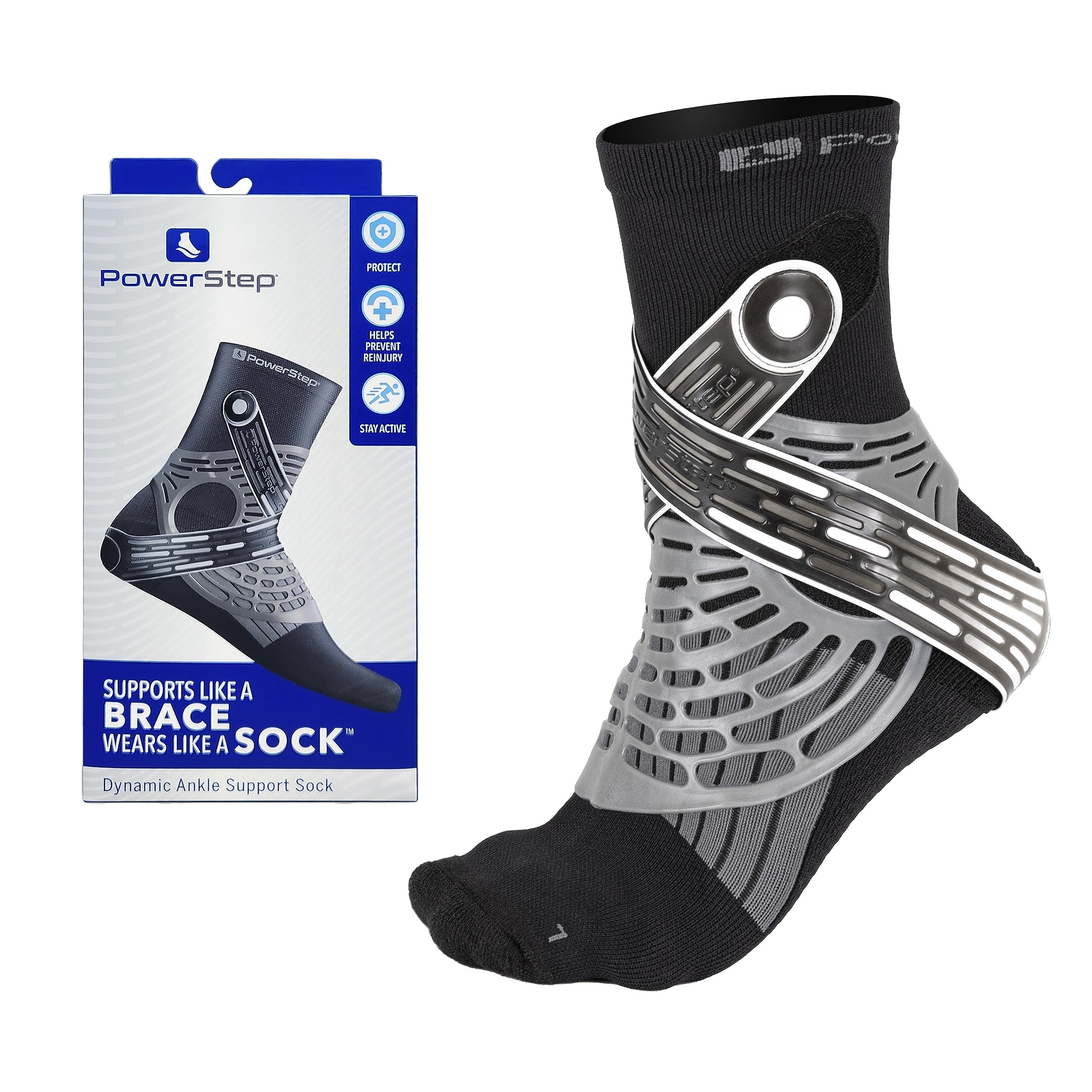 Powerstep Dynamic Ankle Stability Sock, Ankle Brace and Compression Sock, for Flexibility, Support and Injury Prevention