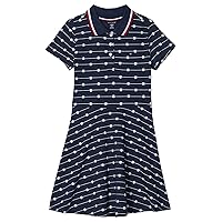 Tommy Hilfiger Girls' Short Sleeve Knit Polo Dress, Everyday Casual Wear, Soft & Comfortable Fit, Navy Monogram Stripe, X-Large