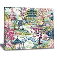 WoGuangis Oriental Chinoiserie Canvas Wall Art Painting Pagoda Green Pink Flower Wall Art Asian Dark Green Pagoda Wall Art Posters & Prints for Bathroom Home Decor 16x20in