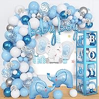 Amandir 134pcs Elephant Baby Shower Decorations for Boy Box, Foil Baby Boy White Blue Balloon Garland Elephant Stickers Baby Boxes with Letters (A-Z) for Boy 1st Birthday Gender Reveal Party Supplies