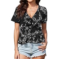Womens Sexy V Neck Tops 2024 Summer Cute Ruffle Shirts Tie Bow Blouse Short Sleeve Crop Tops