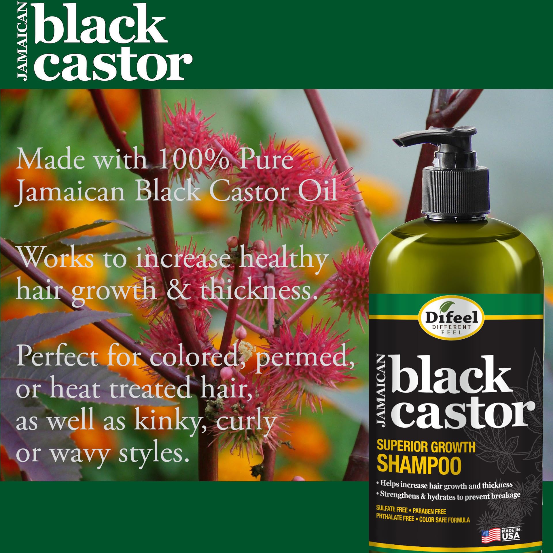 Difeel Superior Growth Jamaican Black Castor Shampoo 33.8 oz. - Sulfate Free Shampoo made with Natural Ingredients