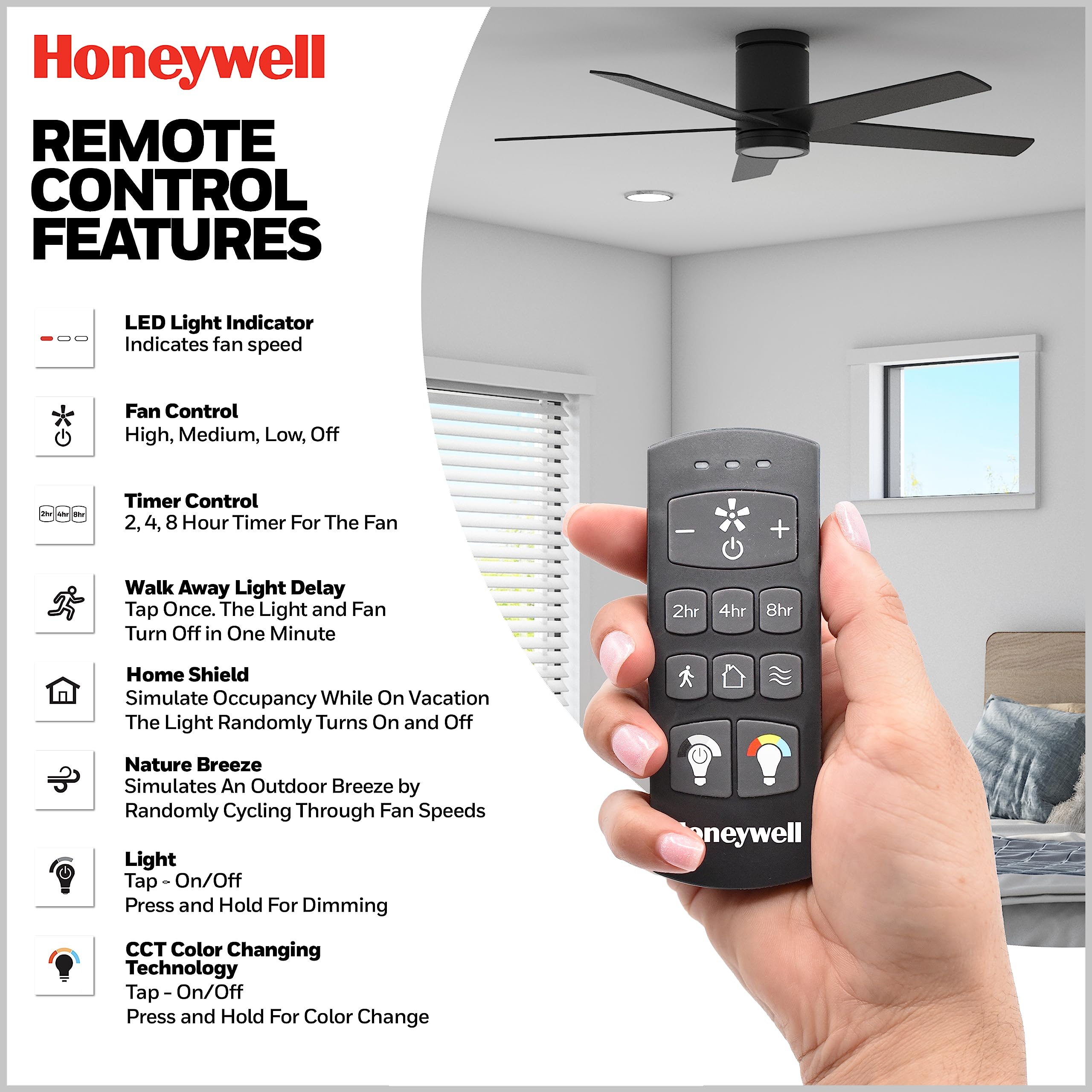Honeywell Ceiling Fans Graceshire, 52 Inch Contemporary Ceiling Fan with Color Changing LED Light, Remote Control, Flush Mount, 5 Dual Finish Blades, Reversible Airflow - 51859-01 (Matte Black)