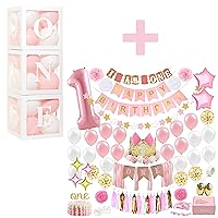 1st Birthday Balloon Boxes WITH 24 Balloons + 1st Birthday Girl Decorations Box WITH 1st Birthday Crown Bundle by PartyHooman