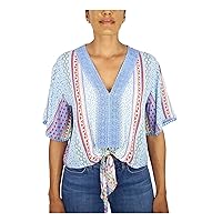 Womens Light Blue Lace Tie-Front Printed Short Sleeve V Neck Top Juniors XS