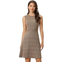 Allegra K Women's Flare Knit Dress, Houndstooth Plaid Pattern, Sleeveless, Short Length, Brown Apricot, XS, brown apricot