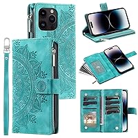 Compatible with iPhone 13 Pro Max Case Wallet for Women, Mandala Floral Embosssed PU Leather Folio Zipper Cover Magnetic Flip Book Case with Card Holder Wrist Strap (Green)