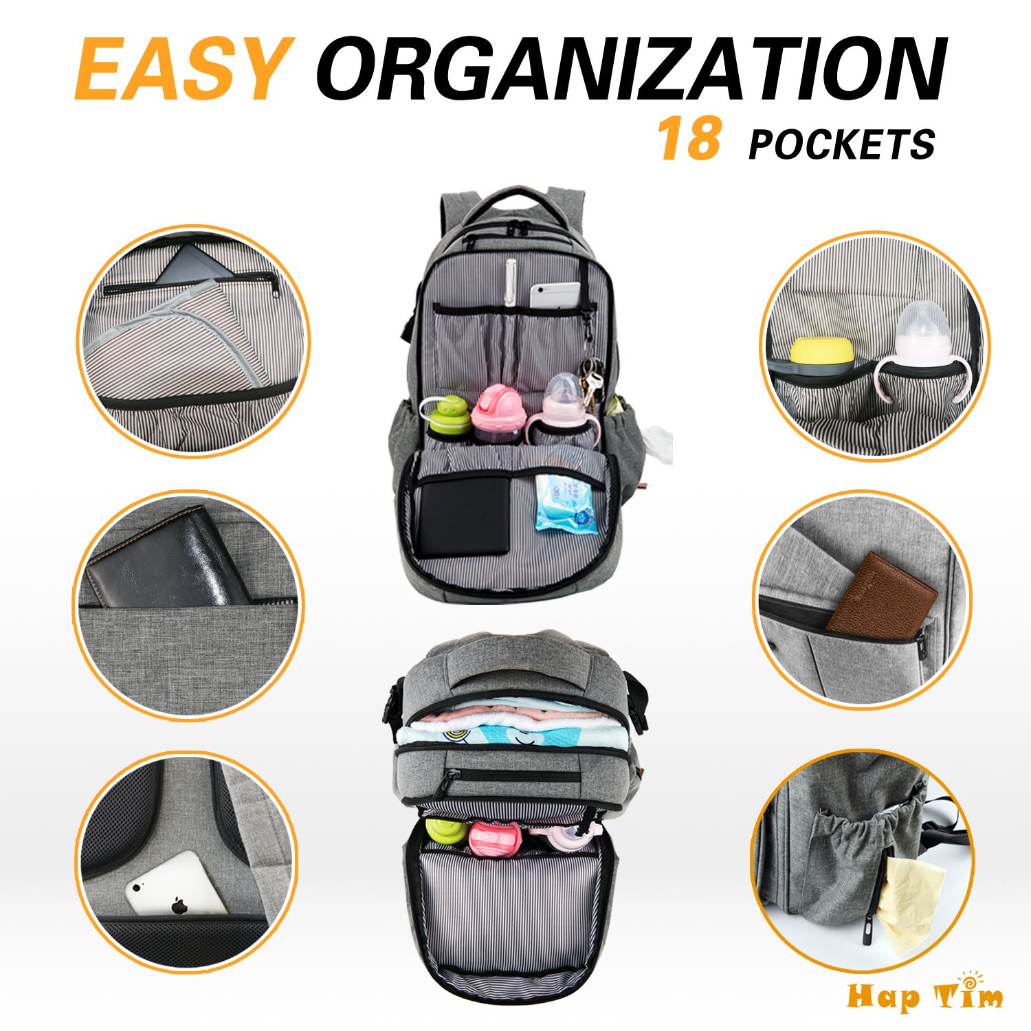 Hap Tim Multi-Function Large Baby Diaper Bag Backpack W/Stroller Straps-Insulated Pockets-Changing Pad, Stylish & Durable with Anti-Water Material(Gray-5284)