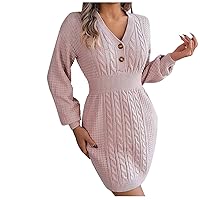 Lantern Sleeve Sweater Dress Womens Cable Knit Fall Dresses Button V Neck Pullover Knitted Dress Balck of Friday