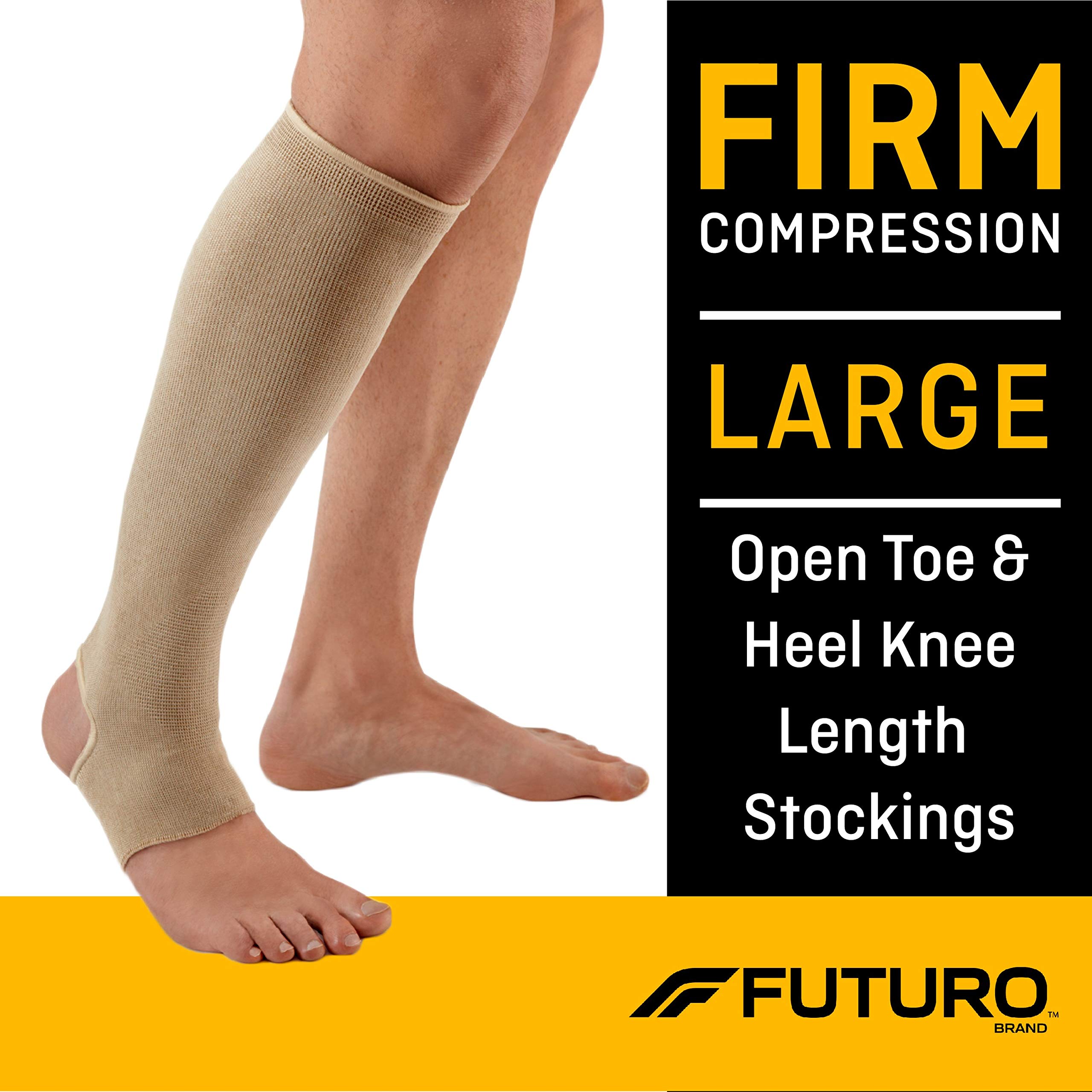 Futuro - MMM-414 Therapeutic Knee Length Stocking for Men/Women, Helps Relieve Symptoms of Mild Spider Veins, Firm Compression, Open Toe/Heel, Large, Beige, 1 Count