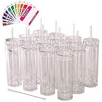STRATA CUPS 24 Pack Skinny Clear Tumblers with Lid and Straw Bulk - 16oz Double Wall White Acrylic Tumblers With FREE Straw Cleaner & Name Tags! Clear Reusable Cup, Large Clear tumblers for Parties