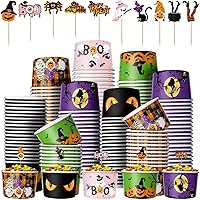 200 Pcs Halloween Bowls and Cupcake Toppers 9 oz Halloween Party Snack Cup Halloween Theme Cake Pick Disposable Cat Pumpkin Witch Bowl for Halloween Wedding Birthday Party Supplies Decoration