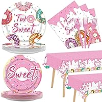 98 Pieces Two Sweet Donut Birthday Party Supplies for 24 Guests Girls Donut Tableware Set Baby Girl 2nd Birthday Donut Plates Napkins Tablecloth Party Decorations Table Cover Dinnerware Party Favors