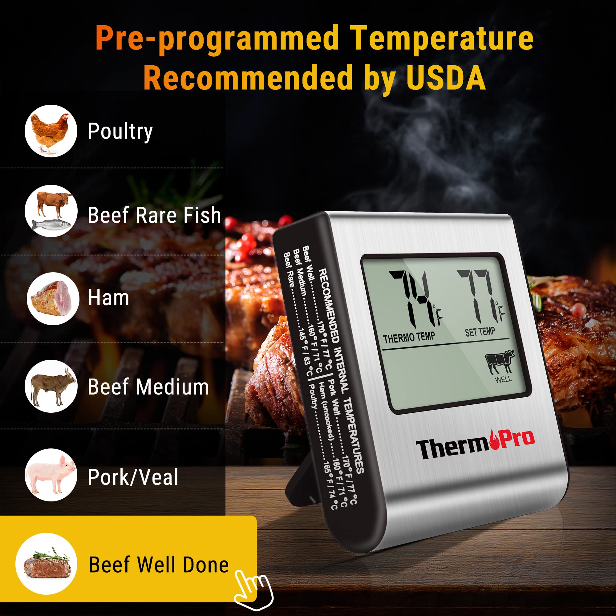 ThermoPro TP-16 Large LCD Digital Cooking Food Meat Smoker Oven Kitchen BBQ Grill Thermometer Clock Timer with Stainless Steel Probe