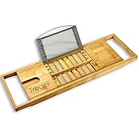 Luxury Bathtub Tray Caddy - Adjustable Bamboo Wood Bath Caddy with Extendable Book, iPad or Kindle Reading Rack - Wine Glass Holder - Cellphone or Tablet Slot