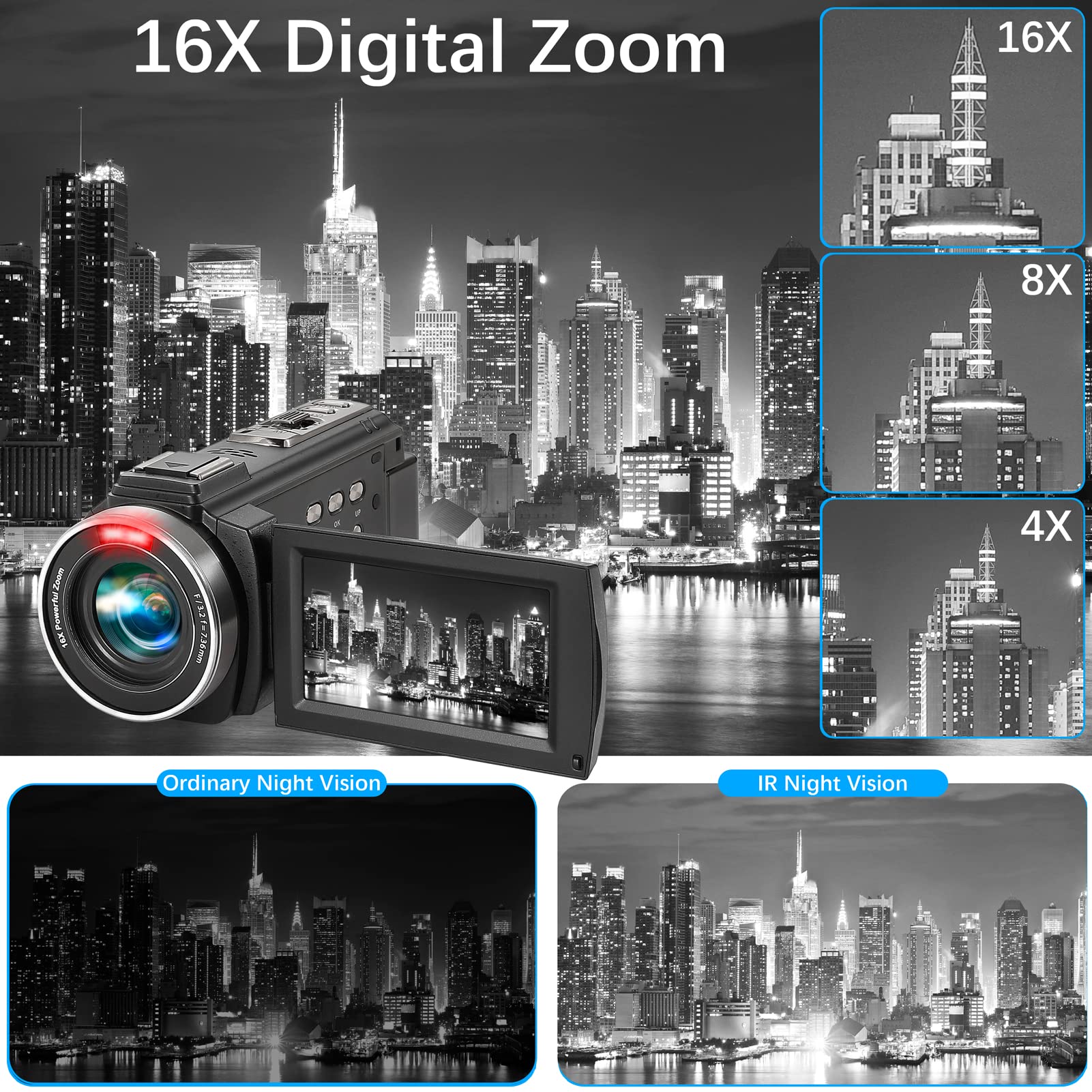 LKX Video Camera Camcorder Full HD 1080P 36.0 MP Webcam YouTube Vlogging Camera Recorder, 16X Digital Zoom Touch Screen Camcorders Camera with Microphone, Remote, Stabilizer, Lens Hood, 2 Batteries